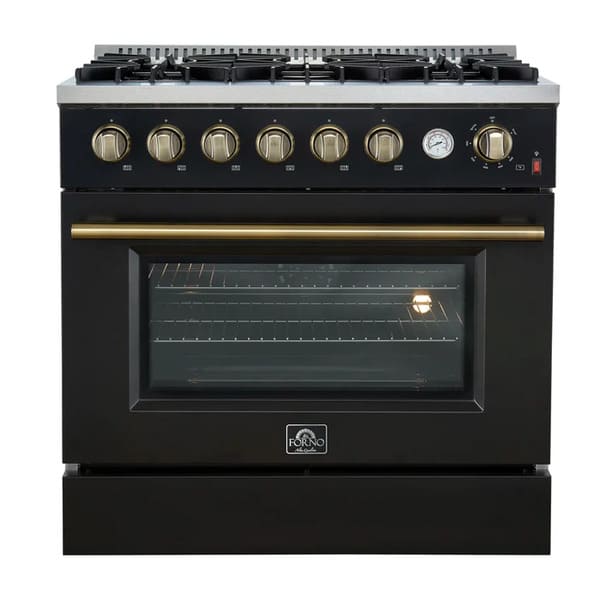 Front view of the FORNO Marco 36-Inch Gas Range in black, featuring six sealed burners, a spacious oven with a large viewing window, and a sleek matte black finish with stainless steel accents.