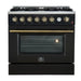 Front view of the FORNO Marco 36-Inch Gas Range in black, featuring six sealed burners, a spacious oven with a large viewing window, and a sleek matte black finish with stainless steel accents.