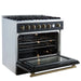 Left-angled view of the FORNO Marco 36-Inch Gas Range in black with the oven door open, revealing a blue enamel interior, convection fan, and multiple chrome racks for flexible cooking and baking.