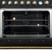 Interior view of the FORNO Marco 36-Inch Gas Range in black, featuring a vibrant blue enamel oven cavity, convection fan, and multiple chrome racks for efficient multi-level cooking.