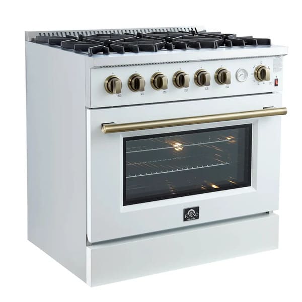 Left-angled view of the FORNO Marco 36-Inch Gas Range in white, showcasing six brass burners, durable cast iron grates, and a matte white finish with stainless steel accents for a professional look.