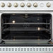 Interior view of the FORNO Marco 36-Inch Gas Range in white, showcasing the vibrant blue enamel cavity, convection fan, and multiple chrome oven racks for versatile and even cooking.