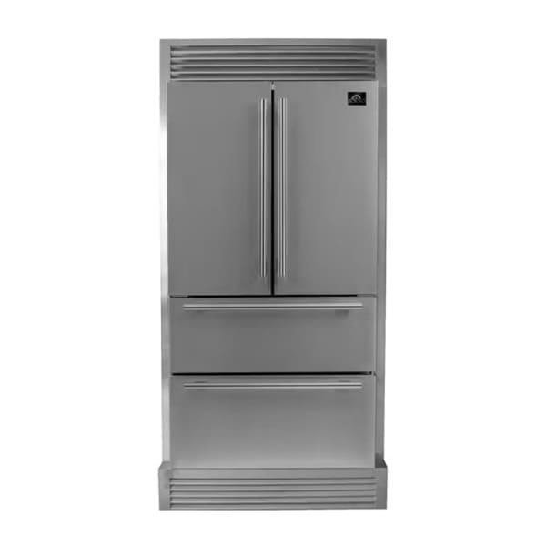 FORNO Moena 36″ French Door Refrigerator in stainless steel with built-in grill trim, ice maker, and spacious interior storage.