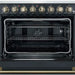 Close-up view of the oven interior on the FORNO Paolo 36-Inch Electric Range in black, featuring a blue enamel cavity, convection fan, and heavy-duty racks for multi-level cooking.