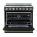 Front view of the FORNO Paolo 36-Inch Electric Range in black with the oven door open, revealing a spacious blue enamel interior, convection fan, and heavy-duty oven racks.