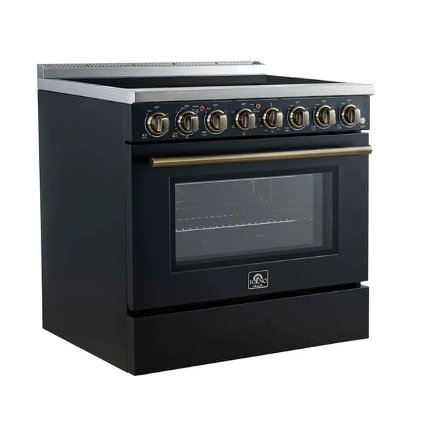Left-angled front view of the FORNO Paolo 36-Inch Electric Range in black, showcasing its matte black stainless finish, smooth cooktop surface, and closed oven door design.