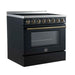 Left-angled front view of the FORNO Paolo 36-Inch Electric Range in black, showcasing its matte black stainless finish, smooth cooktop surface, and closed oven door design.