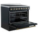 Left-angled front view of the FORNO Paolo 36-Inch Electric Range in black with the oven door open, displaying a spacious blue enamel interior, convection fan, and durable oven racks.