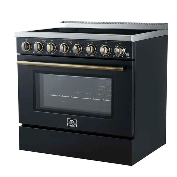 Right-angled front view of the FORNO Paolo 36-Inch Electric Range in black, highlighting its contemporary black stainless steel finish, seamless cooktop, and professional control design.