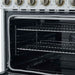 Angled close-up of the FORNO Paolo 36-Inch Electric Range in white, showing the spacious blue enamel oven interior with convection fan and heavy-duty racks for even, multi-level cooking.