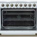 Close-up of the oven interior in the FORNO Paolo 36-Inch Electric Range in white, featuring a vibrant blue enamel cavity, convection fan, and heavy-duty oven racks for multi-level cooking.