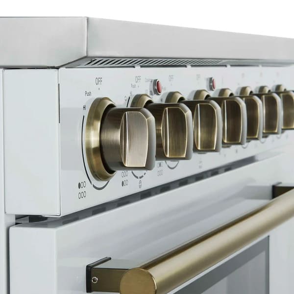 Close-up of the stainless steel control knobs on the FORNO Paolo 36-Inch Electric Range in white, featuring precise temperature markings and a polished panel for modern control and style.