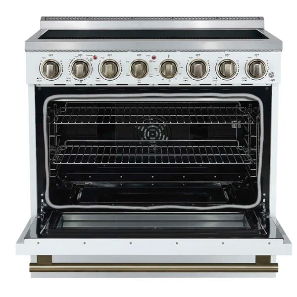 Front view of the FORNO Paolo 36-Inch Electric Range in white with the oven door open, revealing a blue enamel interior, convection fan, and heavy-duty multi-level oven racks.