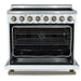 Front view of the FORNO Paolo 36-Inch Electric Range in white with the oven door open, revealing a blue enamel interior, convection fan, and heavy-duty multi-level oven racks.