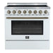 Front view of the FORNO Paolo 36-Inch Electric Range in white, featuring a clean white finish, smooth ceramic glass cooktop, and professional-grade control knobs in stainless steel.