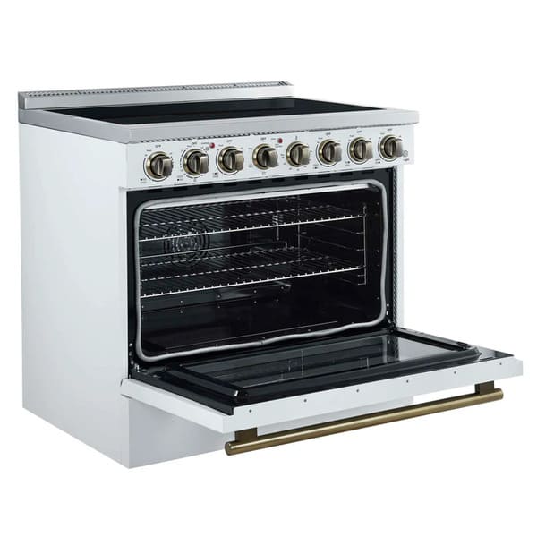 Left-angled front view of the FORNO Paolo 36-Inch Electric Range in white with the oven door open, showing the blue enamel oven interior, convection fan, and adjustable oven racks.