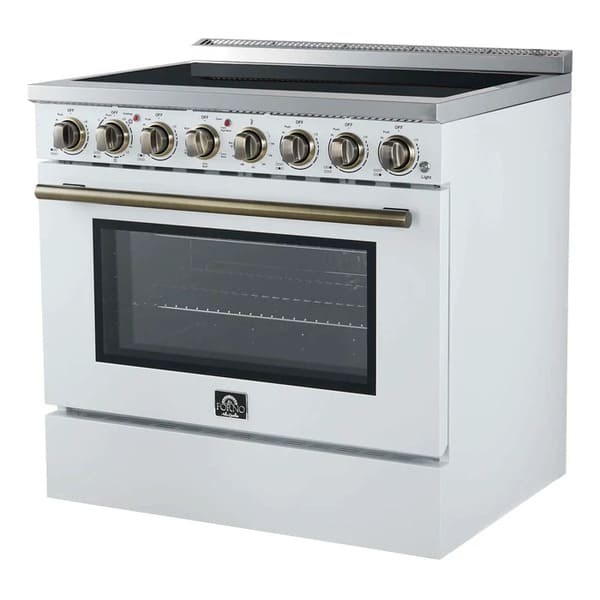 Right-angled front view of the FORNO Paolo 36-Inch Electric Range in white, highlighting its elegant white finish, seamless ceramic glass cooktop, and professional stainless steel knobs.