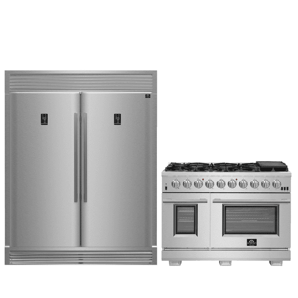 FORNO Premium 2-Piece Kitchen Bundle featuring a 48-Inch Capriasca Stainless Steel Gas Range with double ovens and a 60-Inch Rizzuto Dual Combo Convertible Refrigerator-Freezer in stainless steel.