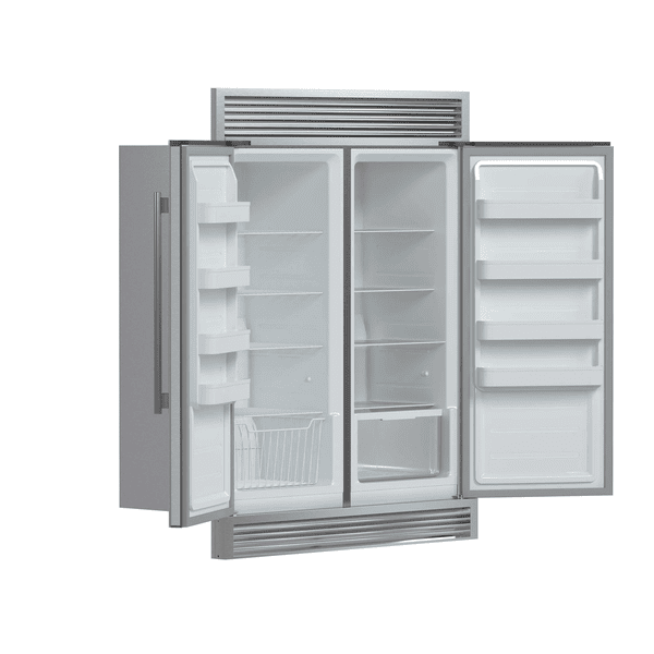 Interior view of FORNO Rizzuto 60-Inch Refrigerator-Freezer Combo in stainless steel, showing dual swing doors, adjustable glass shelves, door storage bins, and lower freezer basket.