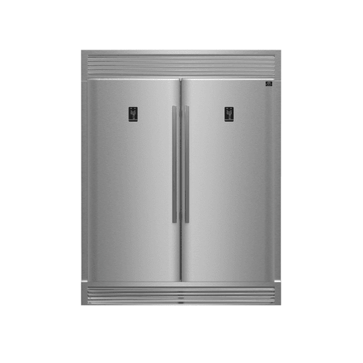 FORNO Rizzuto 60″ Stainless Steel Refrigerator-Freezer Combo with dual doors, modern design, and commercial-style build, shown in front view.