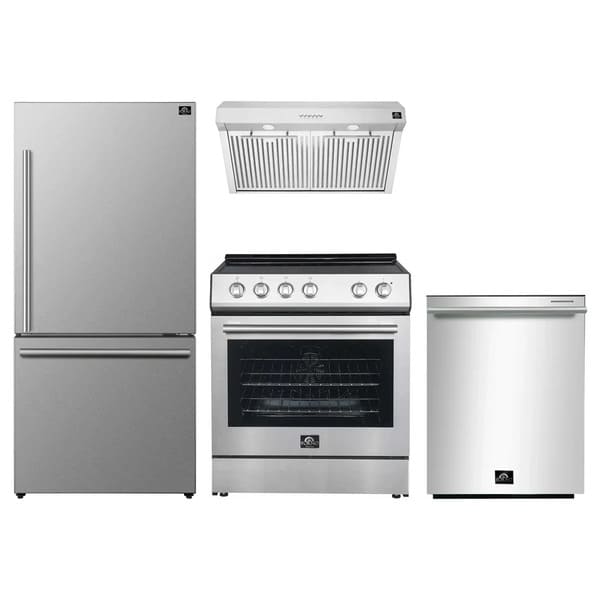 Full view of the FORNO 4-Piece Appliance Package, including a stainless steel French door refrigerator, a gas range, a built-in dishwasher, and a range hood, all featuring a cohesive modern design ideal for a complete kitchen upgrade.