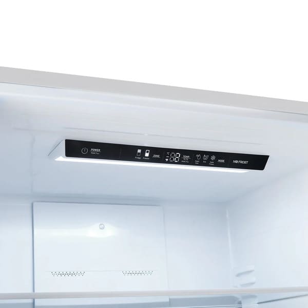  Close-up view of the control panel inside the FORNO Milano stainless steel French door refrigerator, showing a sleek digital interface with temperature settings, mode controls, and LED indicators for precise cooling management as part of the 4-Piece Appliance Package.