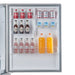 Interior view of the door compartments on the FORNO Milano stainless steel French door refrigerator, featuring multiple adjustable clear bins and spacious storage designed for condiments, beverages, and dairy items as part of the 4-Piece Appliance Package.