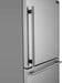 Side view of the FORNO Milano stainless steel French door refrigerator, highlighting the sleek side-mounted handles and smooth stainless steel finish, designed for a flush fit and modern kitchen aesthetic as part of the 4-Piece Appliance Package.