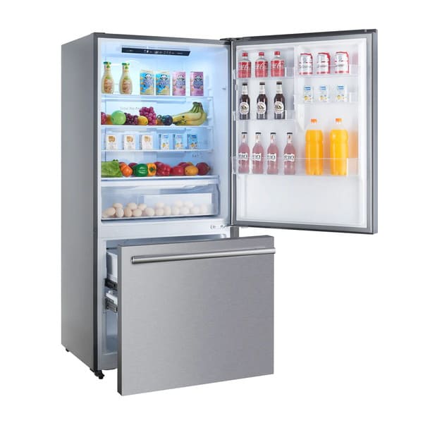 Side view of the FORNO Milano stainless steel French door refrigerator with doors and freezer drawers open, showcasing the spacious, well-lit interior with adjustable shelving, deep storage compartments, and organized layout for maximum usability in a modern kitchen.