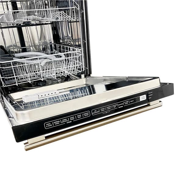 Front view of the FORNO Pozzo dishwasher from the 4-Piece Appliance Package with the door open, revealing the stainless steel interior, dual sliding racks, and spacious layout designed for maximum cleaning efficiency and flexibility.