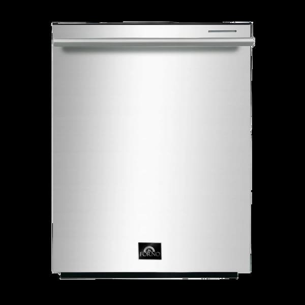 Front view of the FORNO Pozzo dishwasher from the 4-Piece Appliance Package, featuring a sleek stainless steel door with a minimalist handle and fully integrated design for a clean, modern kitchen aesthetic.
