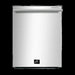 Front view of the FORNO Pozzo dishwasher from the 4-Piece Appliance Package, featuring a sleek stainless steel door with a minimalist handle and fully integrated design for a clean, modern kitchen aesthetic.