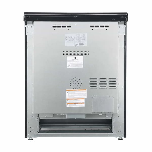 Rear view of the FORNO espresso electric range from the 4-Piece Appliance Package, showing the solid back panel with ventilation slots and utility access points for electrical connections, designed for safe and efficient installation in modern kitchens.