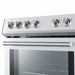 Close-up view of the control panel on the FORNO espresso electric range from the 4-Piece Appliance Package, featuring stainless steel knobs and a digital display for precise control of oven temperature, cooking modes, and timer functions.