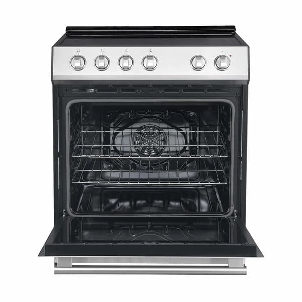 Front-top angled view of the FORNO espresso electric range from the 4-Piece Appliance Package, showing the black ceramic glass cooktop with multiple radiant zones, stainless steel control knobs, and a large oven door with window, all wrapped in a rich espresso finish.