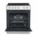 Front-top angled view of the FORNO espresso electric range from the 4-Piece Appliance Package, showing the black ceramic glass cooktop with multiple radiant zones, stainless steel control knobs, and a large oven door with window, all wrapped in a rich espresso finish.