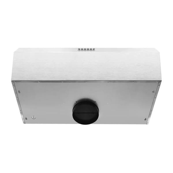 Back view of the FORNO espresso range hood from the 4-Piece Appliance Package, featuring a smooth espresso-finished surface with a central vent opening and mounting brackets, designed for secure wall installation and effective kitchen ventilation.