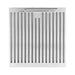 Close-up view of the stainless steel baffle filter from the FORNO espresso range hood, part of the 4-Piece Appliance Package, showing durable construction with angled slats designed to trap grease and ensure optimal airflow during kitchen ventilation.