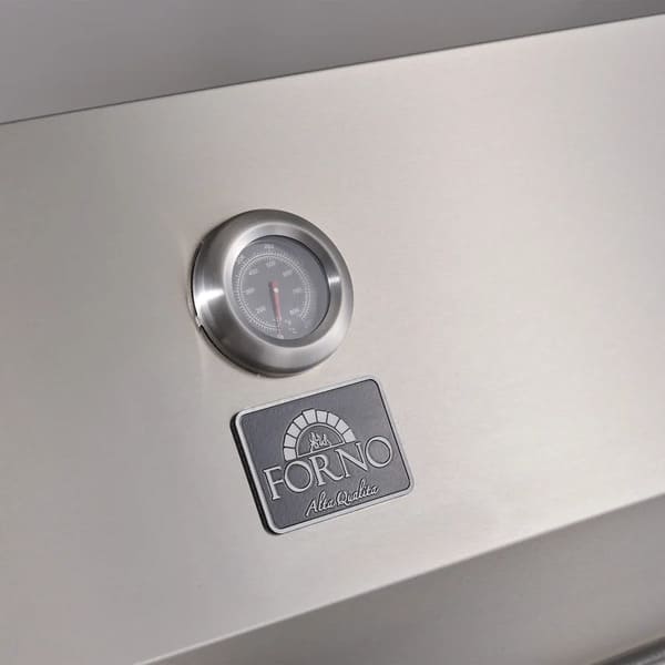 Close-up view of the temperature gauge on the FORNO Rimini 30-Inch BBQ, featuring a round, stainless steel-trimmed dial with clear temperature markings and a central needle indicator for precise heat monitoring during outdoor grilling.
