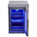 Front view of the FORNO Rimini 30-Inch Beverage Cooler with the door open, revealing adjustable metal shelves and interior LED lighting, all housed in a sleek stainless steel design for stylish and convenient outdoor refreshment storage.