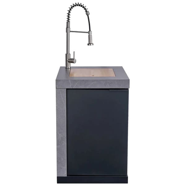 Front view of the FORNO Rimini 30-Inch Sink Module, featuring a stainless steel sink with a high-arc faucet, a removable cutting board cover, and dual storage cabinet doors below, offering both functionality and sleek design for outdoor kitchens.