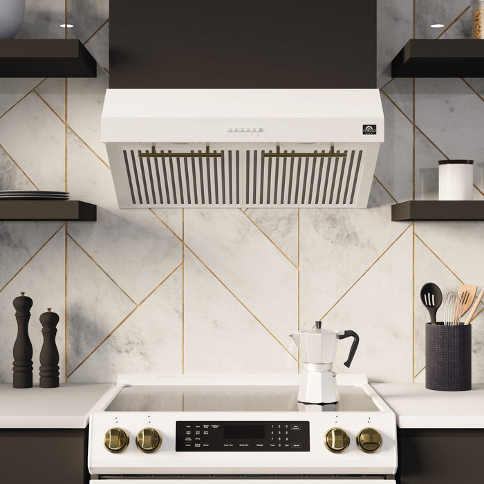 FORNO 5-Piece White Stainless Steel Kitchen Bundle – Home Depot Exclusive – 30” Electric Range, 30” French Door Refrigerator, 30” Range Hood, 24” Microwave Drawer, 24” Built-In Dishwasher | SKU: FBDL-THD-003WHT