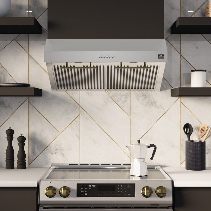 FORNO Premium 4-Piece Kitchen Bundle - Leonardo Espresso 30" Stainless Steel Range, 30" Stainless Steel Range Hood, 31" Stainless Steel Refrigerator, 24" Stainless Steel Dishwasher - FBDL-006-01CA