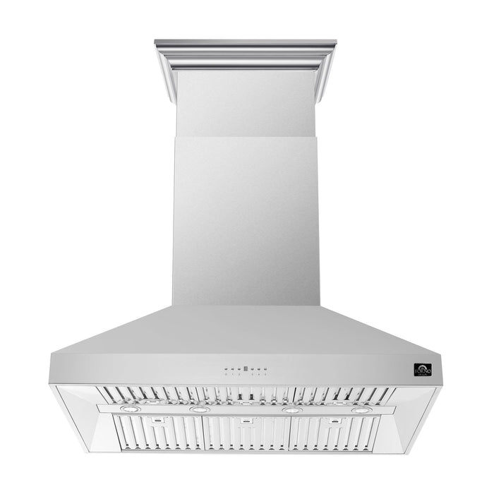 FORNO 5-Piece Stainless Steel Kitchen Bundle – Home Depot Exclusive – 48” French Door Gas Range, 48” Wall Mount Range Hood, 30” Microwave Drawer, 24” Built-In Dishwasher, 2×28” Convertible Refrigerator Freezer with Decorative Trim | SKU: FBDL-THD-004