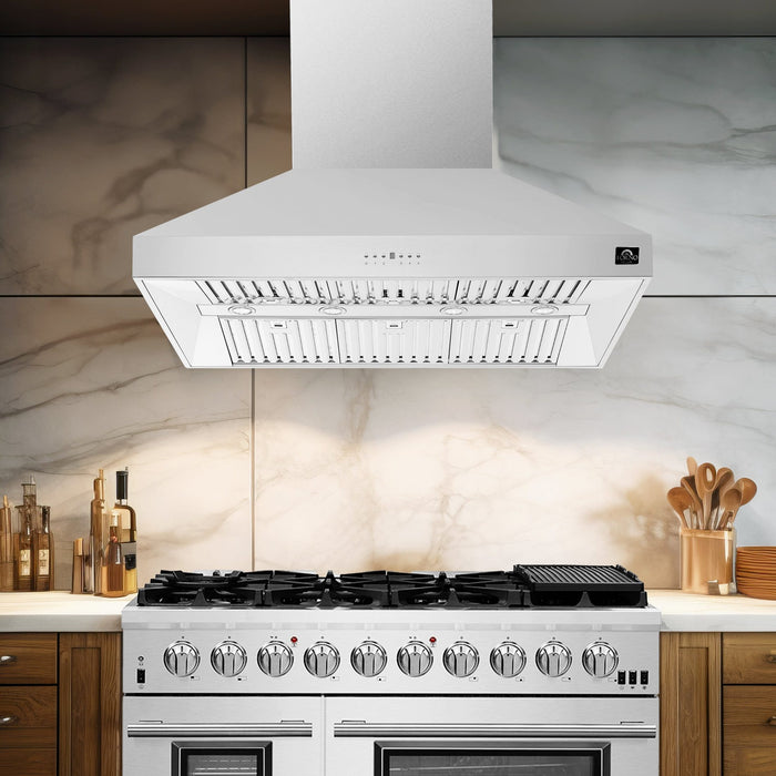 FORNO 5-Piece Stainless Steel Kitchen Bundle – Home Depot Exclusive – 48” French Door Gas Range, 48” Wall Mount Range Hood, 30” Microwave Drawer, 24” Built-In Dishwasher, 2×28” Convertible Refrigerator Freezer with Decorative Trim | SKU: FBDL-THD-004