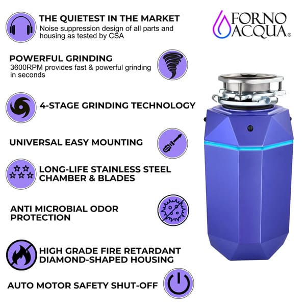 FORNO Acqua BrightDiamond 3/4HP Super Quiet Garbage Disposal Corded with Motion Sensor Cabinet Light & Pre-Wired Air Switch