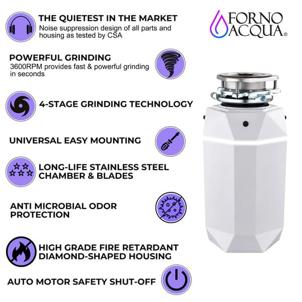 FORNO Acqua BrightDiamond 1HP Super Quiet Garbage Disposal Corded with Motion Sensor Cabinet Light & Pre-Wired Air Switch
