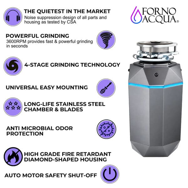 FORNO Acqua BrightDiamond 3/4HP Super Quiet Garbage Disposal Corded with Motion Sensor Cabinet Light & Pre-Wired Air Switch