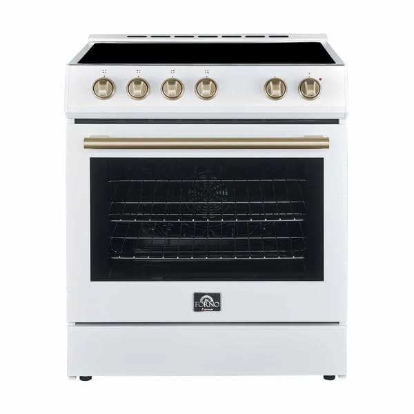 Front view of the Forno 30-inch electric range in white, accented with antique brass knobs and handle, combining modern performance with classic design elements for a timeless kitchen look.