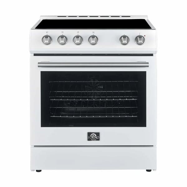 Front view of the Forno 30-inch electric range in a clean white finish, featuring a large oven window, smooth cooktop surface, and minimalist control knobs for a sleek, modern kitchen appearance.